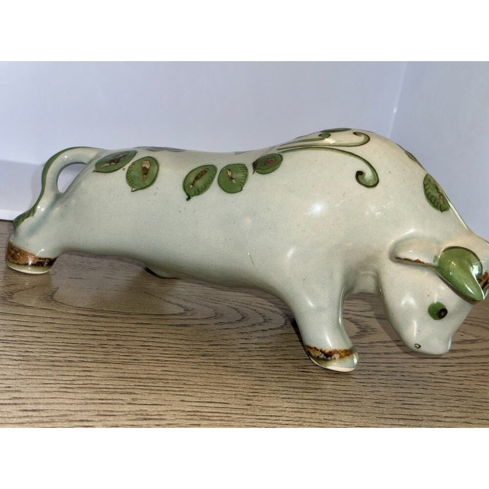 Ken Edwards Green El Palomar Bull Figurine Tonala Mexican Pottery Bull 10”